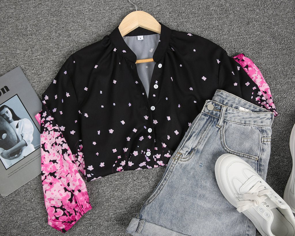 Elegant Floral Print 3/4 Sleeve Black Shirt