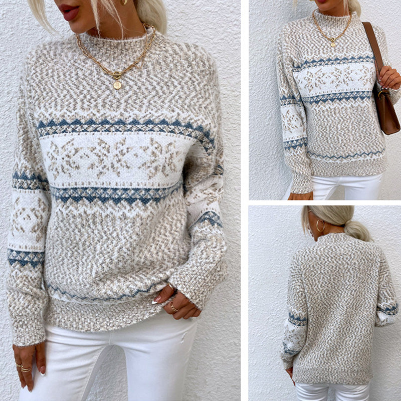 Women's Casual Half Turtleneck Snowflake Knit Christmas Sweater