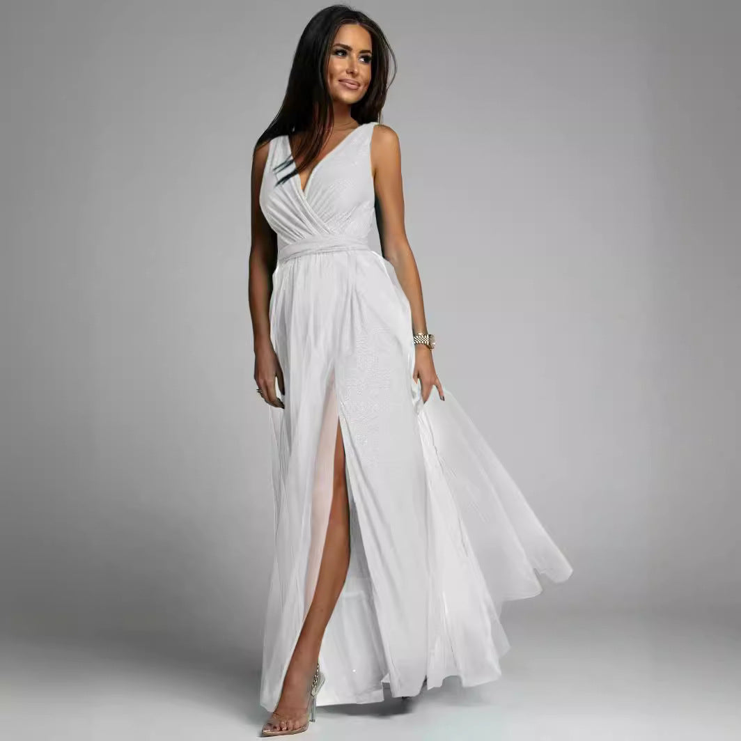 Split Thigh V Neck Wedding Guest Party Maxi Dress