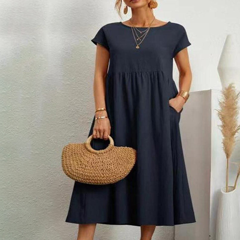 Women‘s Long Dress Solid Color Round Neck Tie Pockets