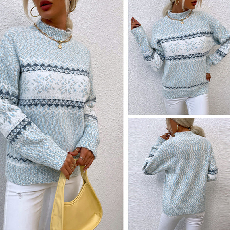 Women's Casual Half Turtleneck Snowflake Knit Christmas Sweater