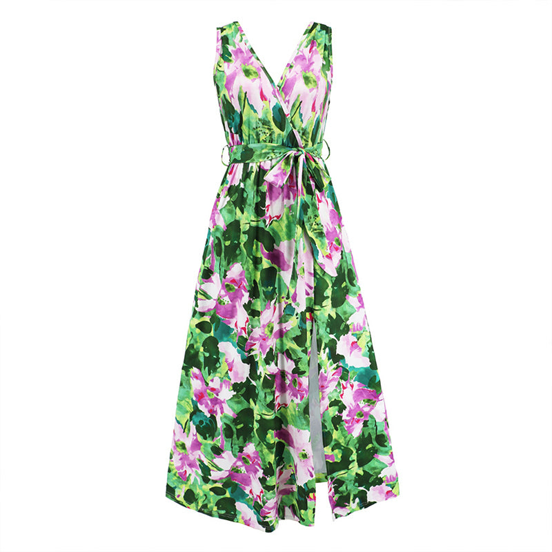 Green Sleeveless V-Neck Slit Dress