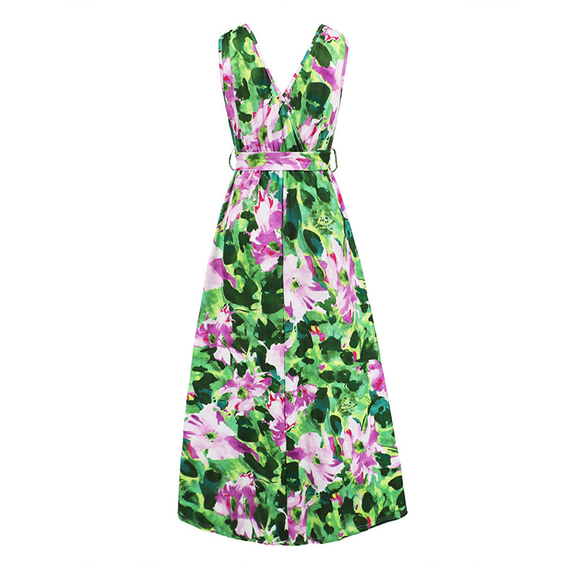 Green Sleeveless V-Neck Slit Dress