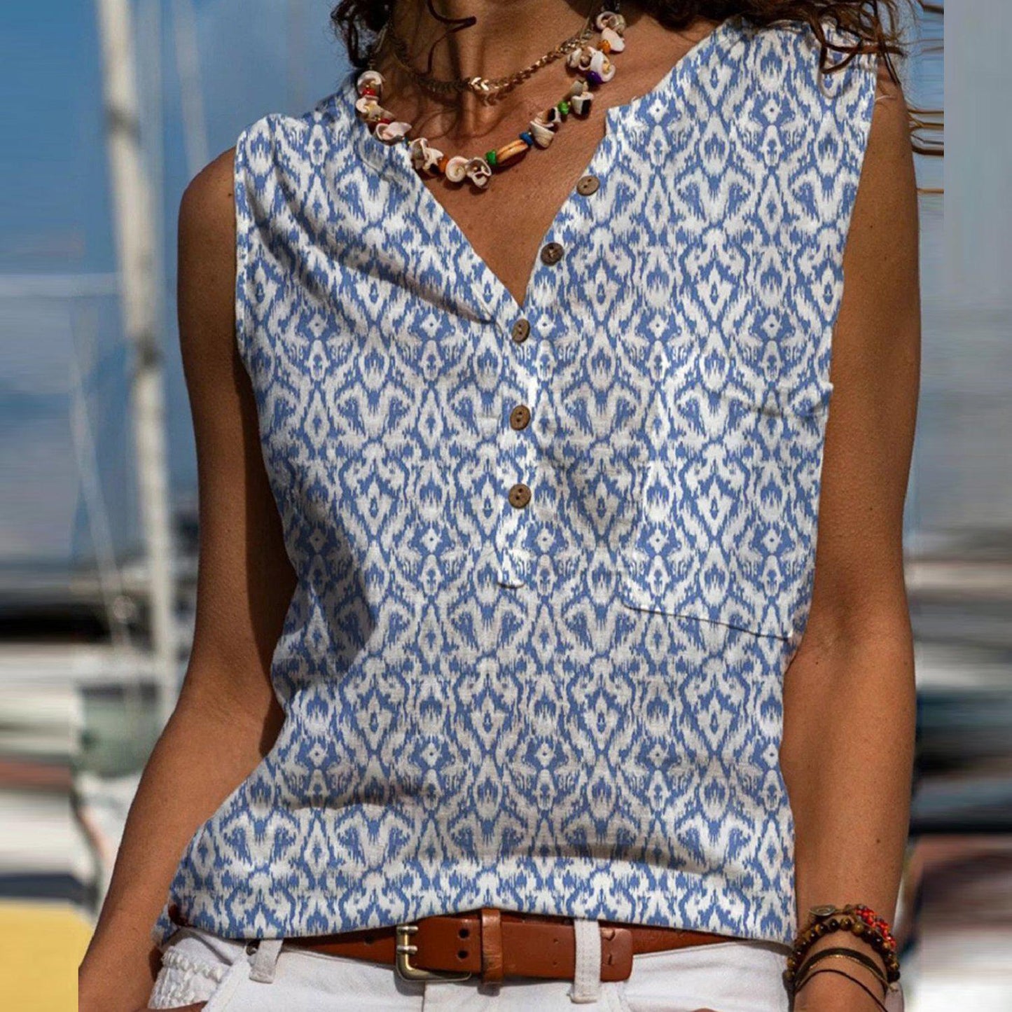 Blue Casual V-Neck Print Sleeveless Top