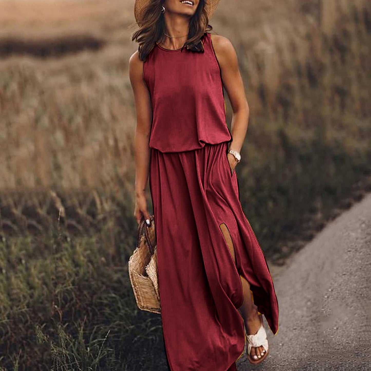 High Waist Split Maxi Long Dress with Pockets