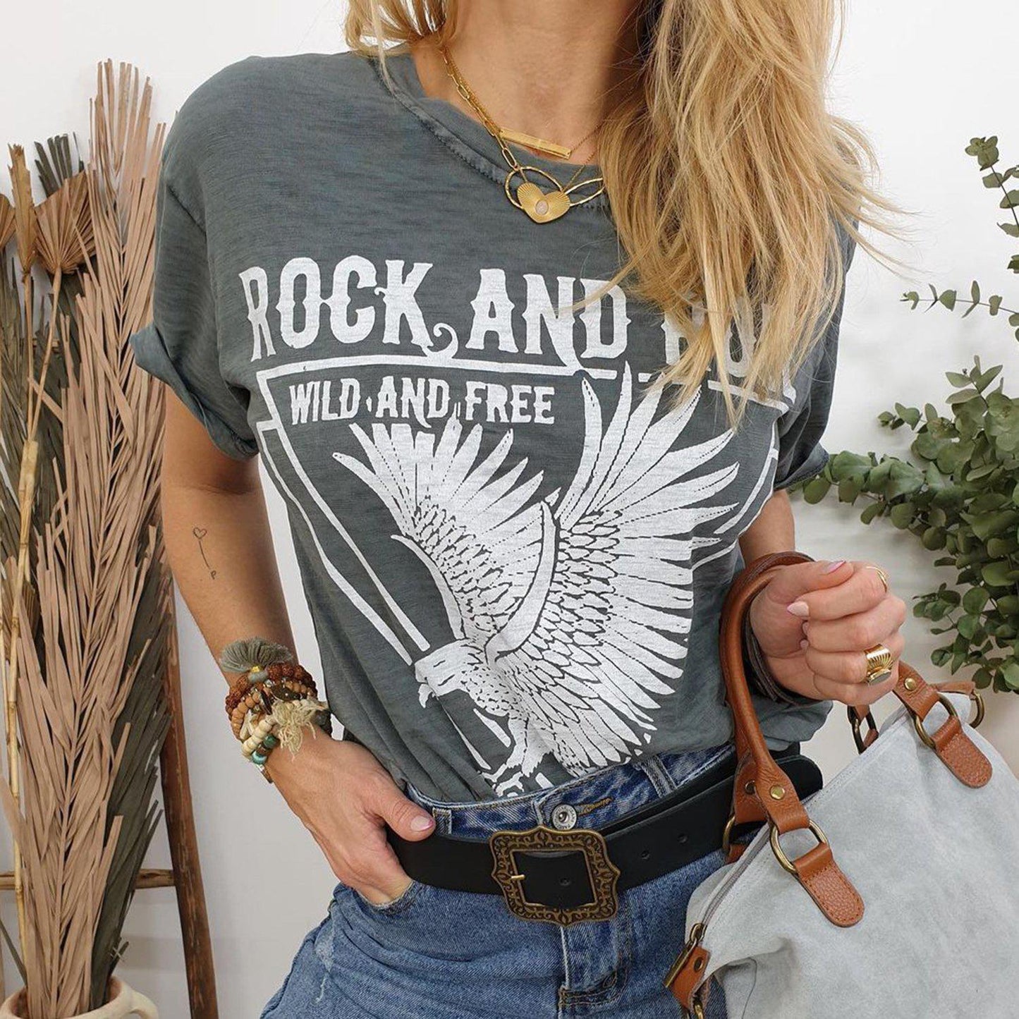 Casual Print Eagle Picture Short Sleeve Top