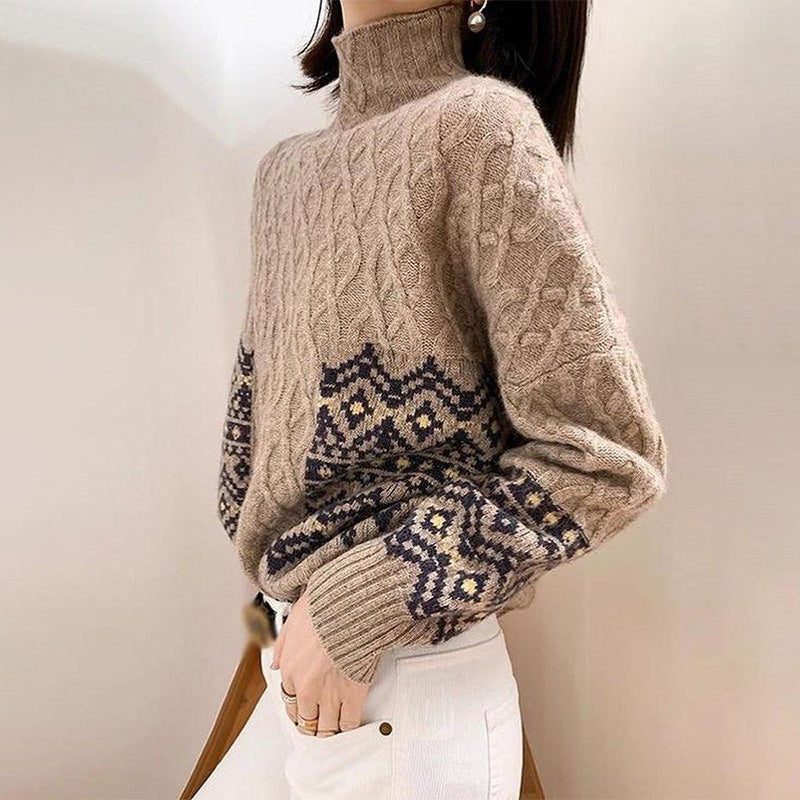 Stylish High Neck Cable-Knit Long Sleeve Printed Sweater