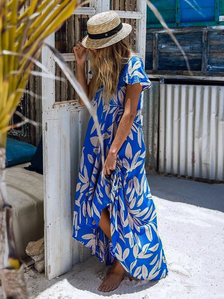 Grovy Blue Print Short Sleeve Maxi Dress
