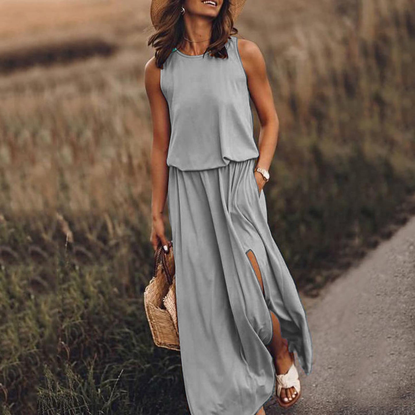 High Waist Split Maxi Long Dress with Pockets