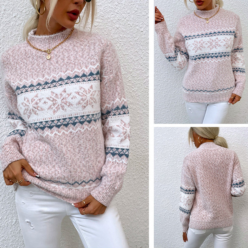 Women's Casual Half Turtleneck Snowflake Knit Christmas Sweater