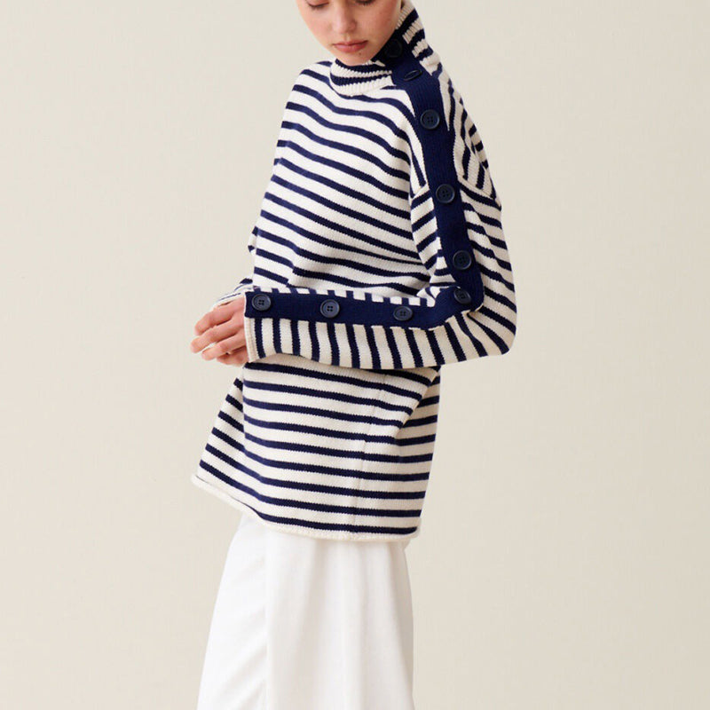 Turtleneck Blue And White Striped Sweater