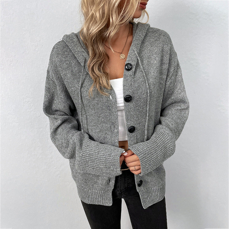 Women's Solid Color Hooded Drawstring Knit Cardigan Sweater