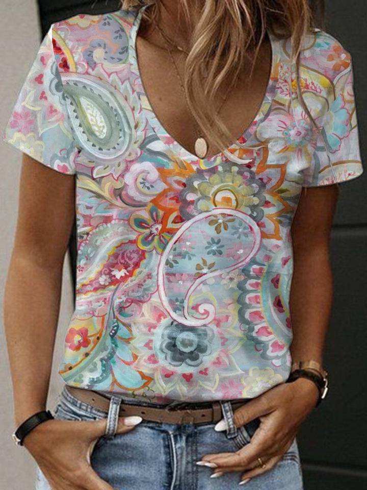 V-Neck Short Sleeve Retro Print Top
