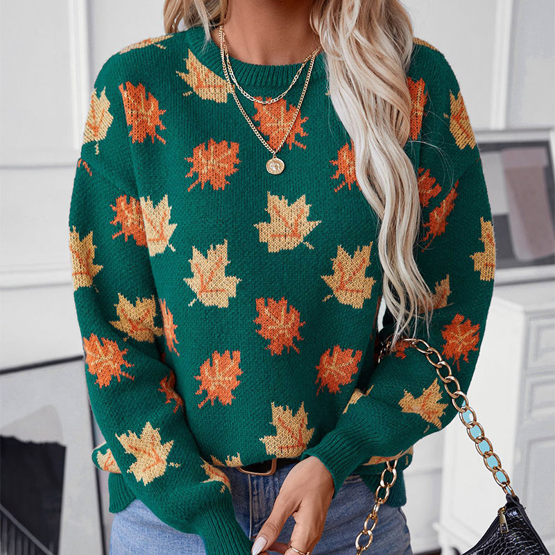 Maple Leaf Pattern Jacquard Casual Pullover Sweater for Women