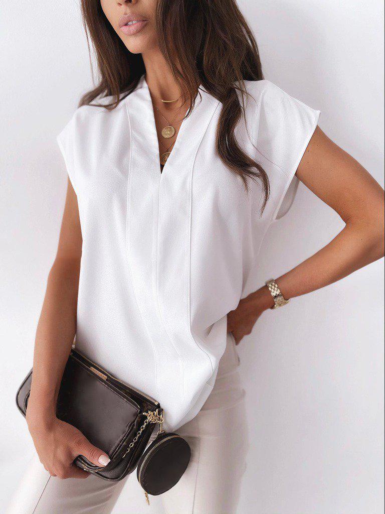 Elegant V-Neck White Plain Blouse