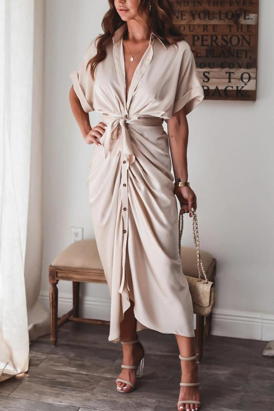Apricot Vintage Plain Short Sleeve Midi Dress With Belt