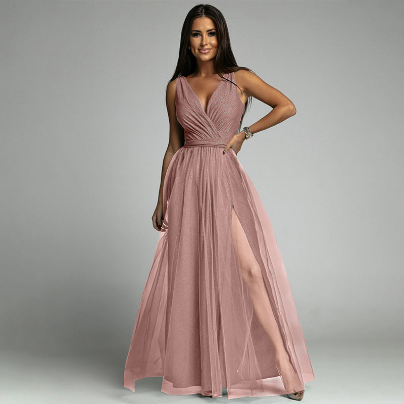 Split Thigh V Neck Wedding Guest Party Maxi Dress