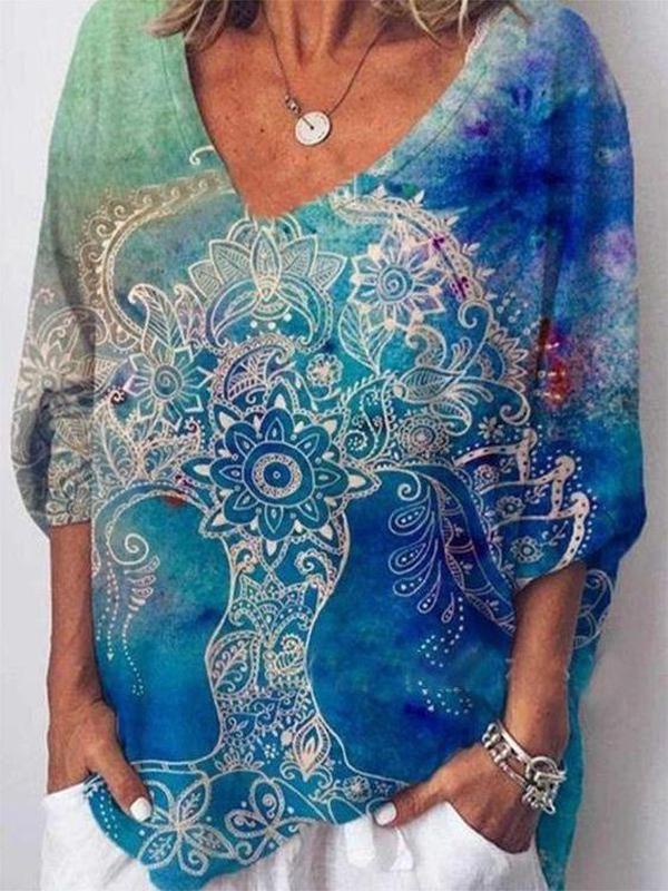 Blue Attractive Print 3/4 Sleeve Top