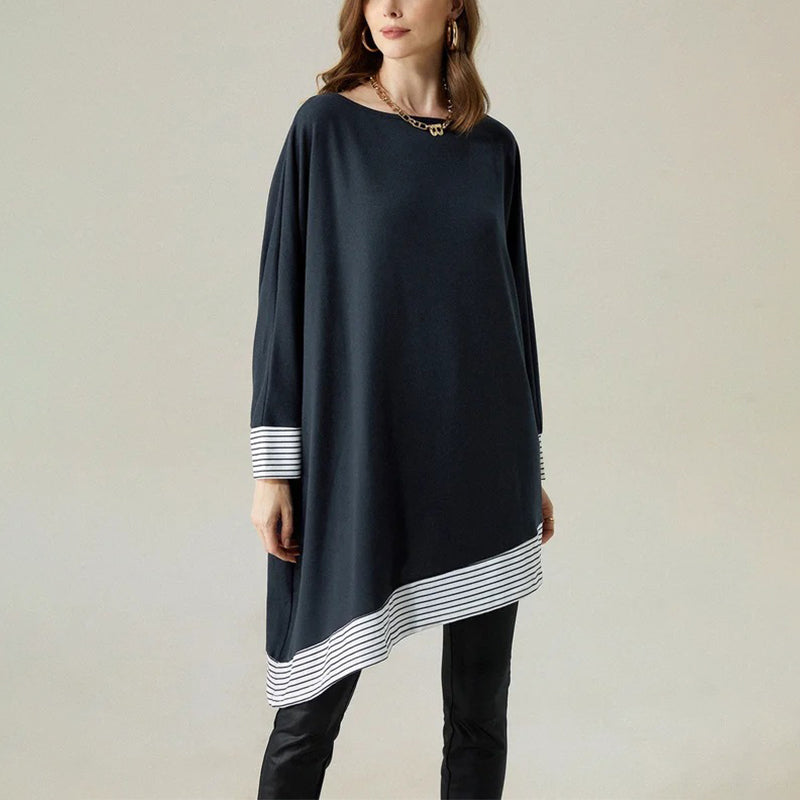 Irregular Hem Contrast Color Loose Round Neck Long Sleeve Shirt