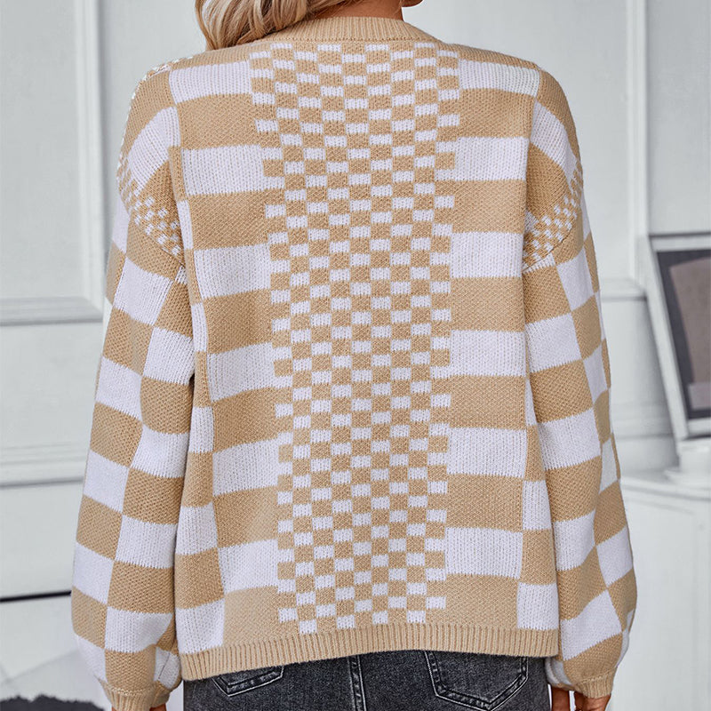 Women's Autumn/Winter New Colorblock Plaid Knit Cardigan Sweater