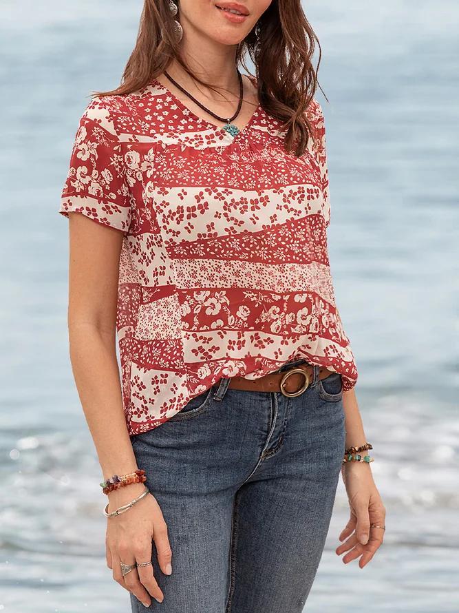 Chic Print V-Neck Short Sleeve Top