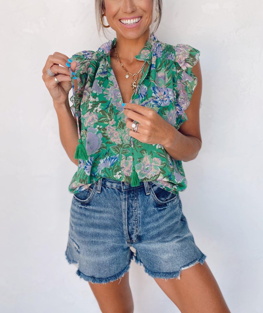 Fresh Print Sleeveless V-Neck Top