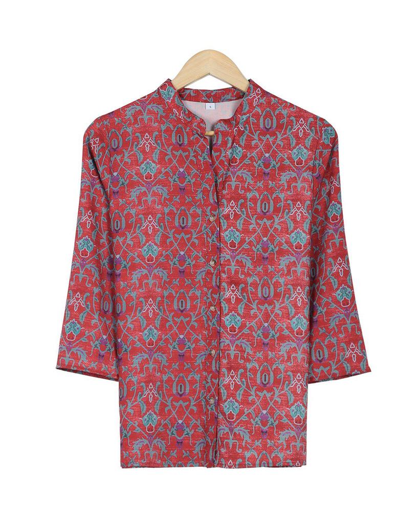 Red Attractive Print 3/4 Sleeve Top