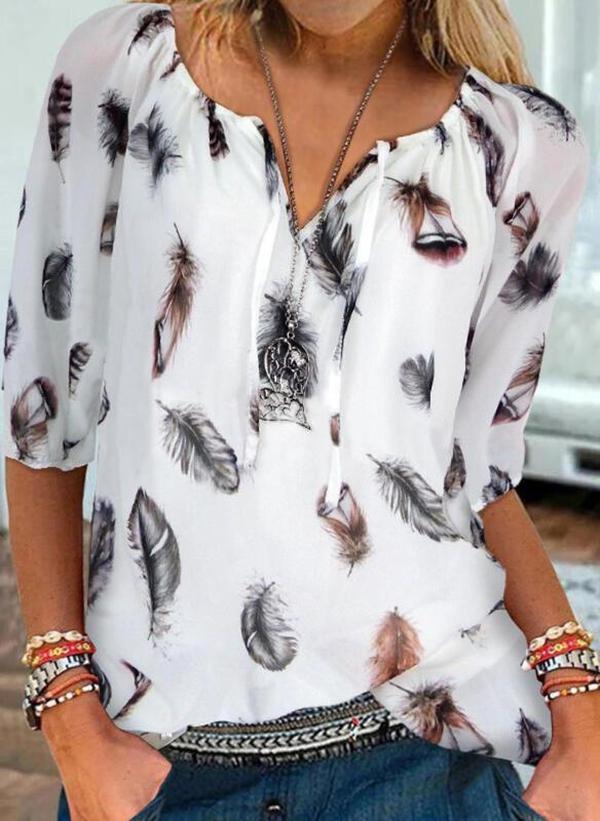 Elegant Feather Print Short Sleeve Top