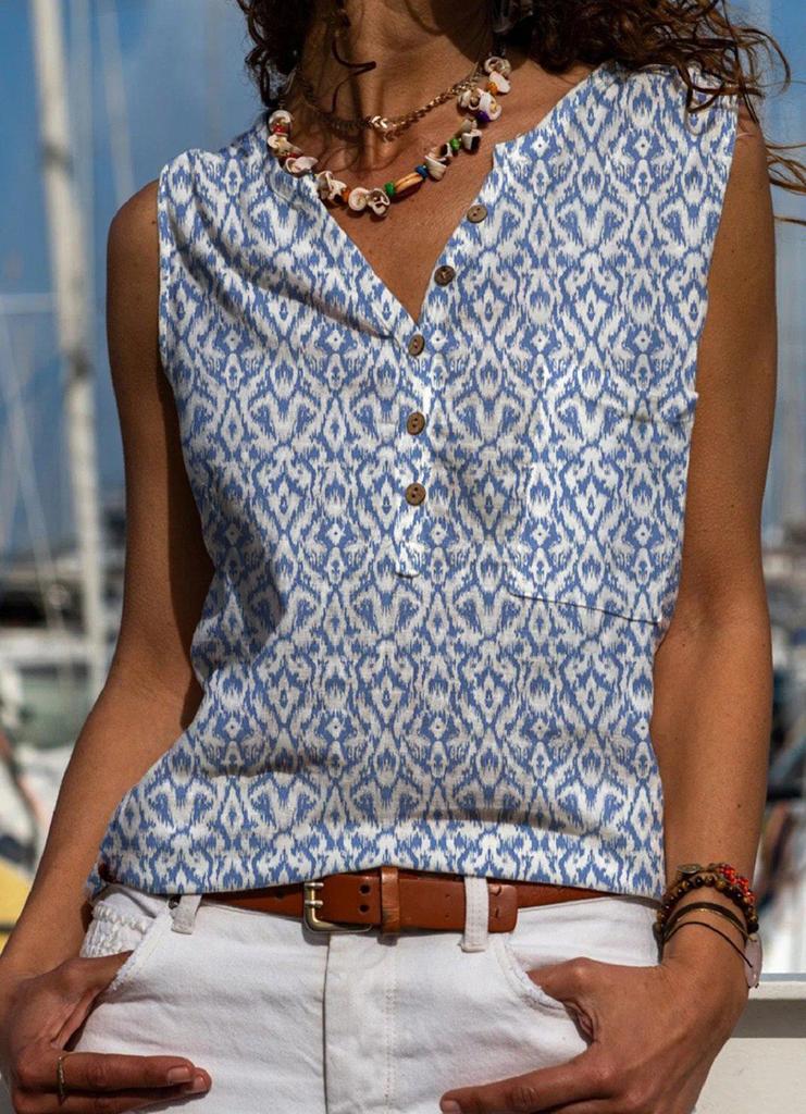 Blue Casual V-Neck Print Sleeveless Top