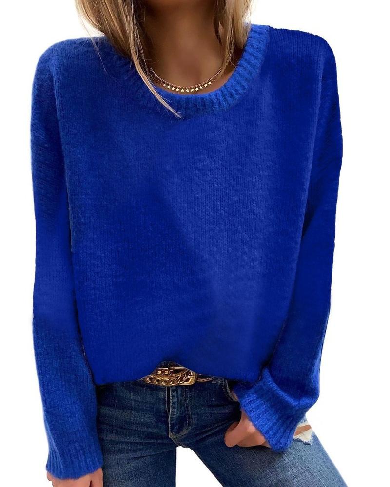 Casual Blue Plain Round Neck Long Sleeve Sweater