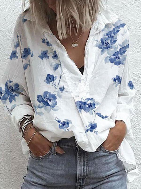 Casual Long Sleeve V-Neck Print Top