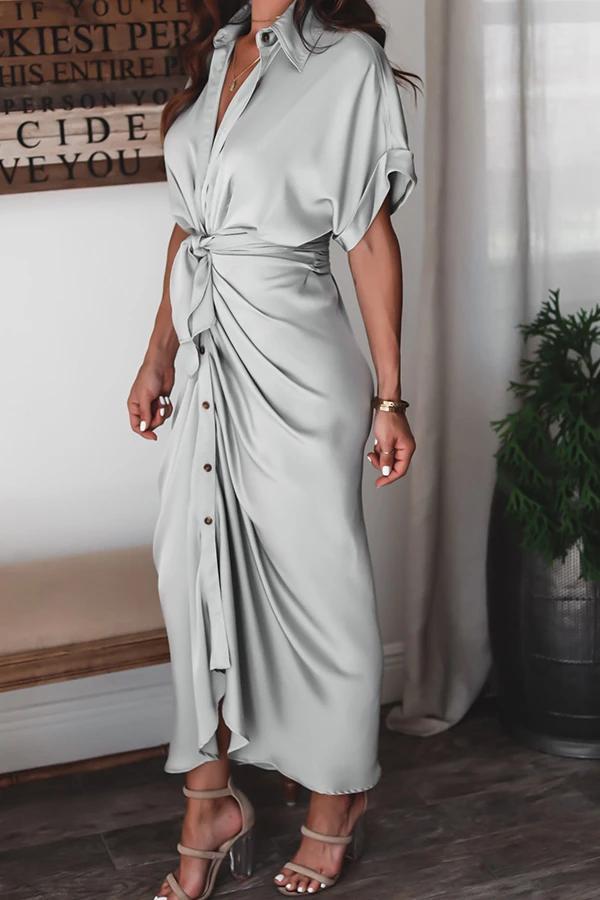 Grey Vintage Plain Short Sleeve Midi Dress With Belt