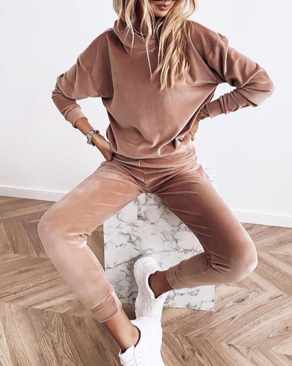 Attractive Plain Long Sleeve Hoodie Lounge Set
