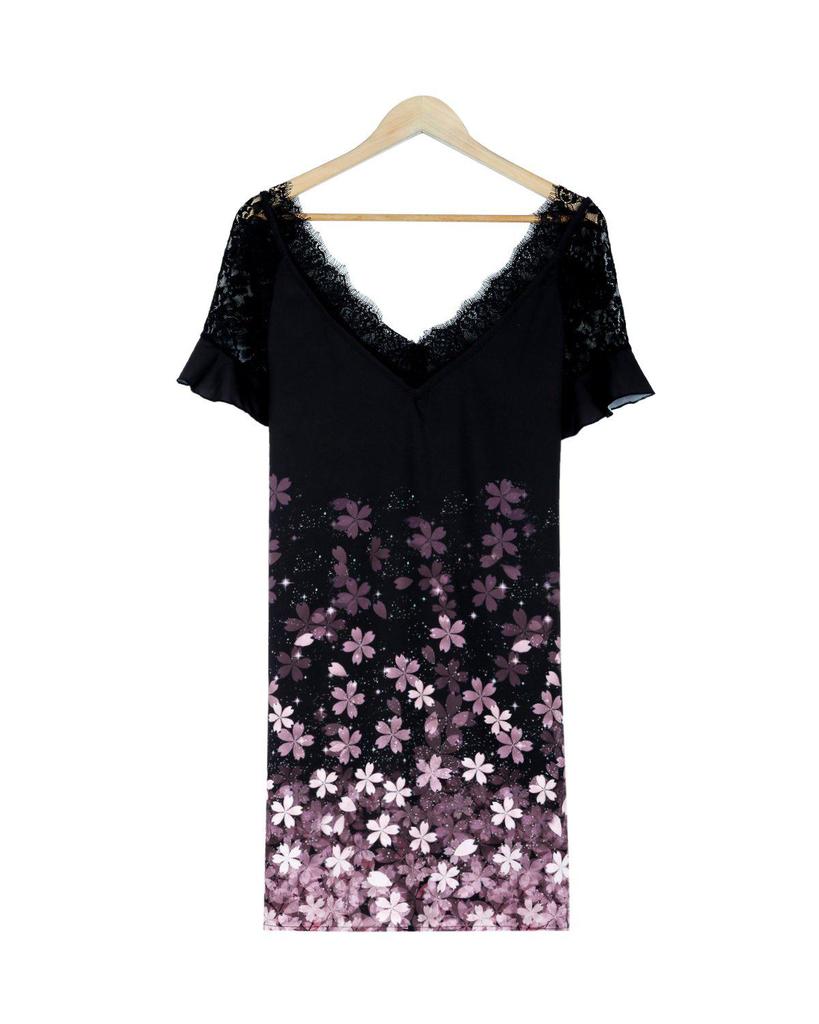 Elegant Printed Lace Short Sleeve Mini Dress