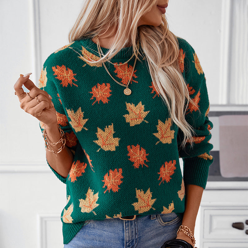 Maple Leaf Pattern Jacquard Casual Pullover Sweater for Women