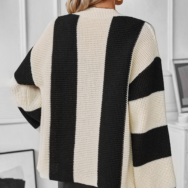 Striped Color Block Open Front Knit Cardigan