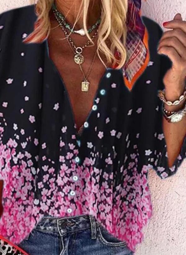 Elegant Floral Print 3/4 Sleeve Black Shirt