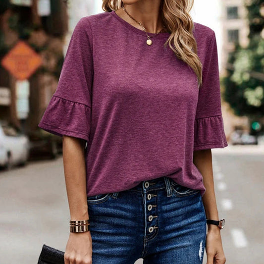 Women's Solid Color Single Breasted Fashionable Ruffle Sleeve T-Shirt