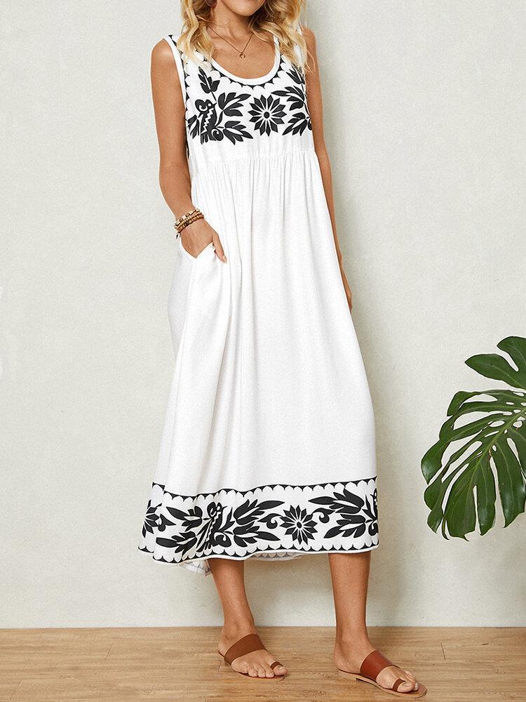 White Groovy Print Sleeveless Midi Dress