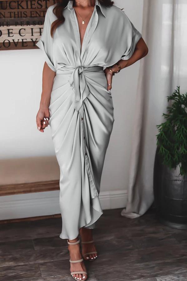 Grey Vintage Plain Short Sleeve Midi Dress With Belt