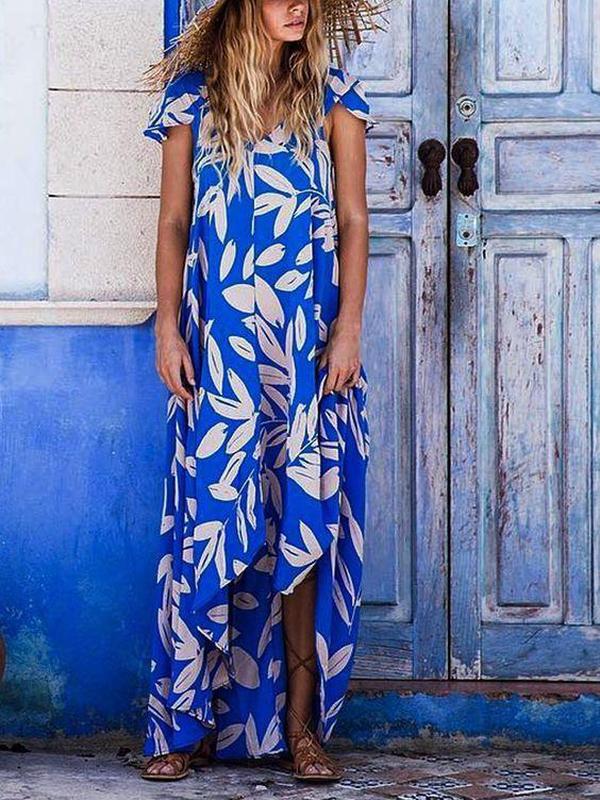 Grovy Blue Print Short Sleeve Maxi Dress
