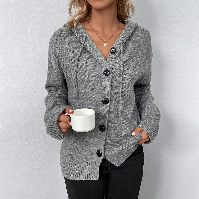 Women's Solid Color Hooded Drawstring Knit Cardigan Sweater