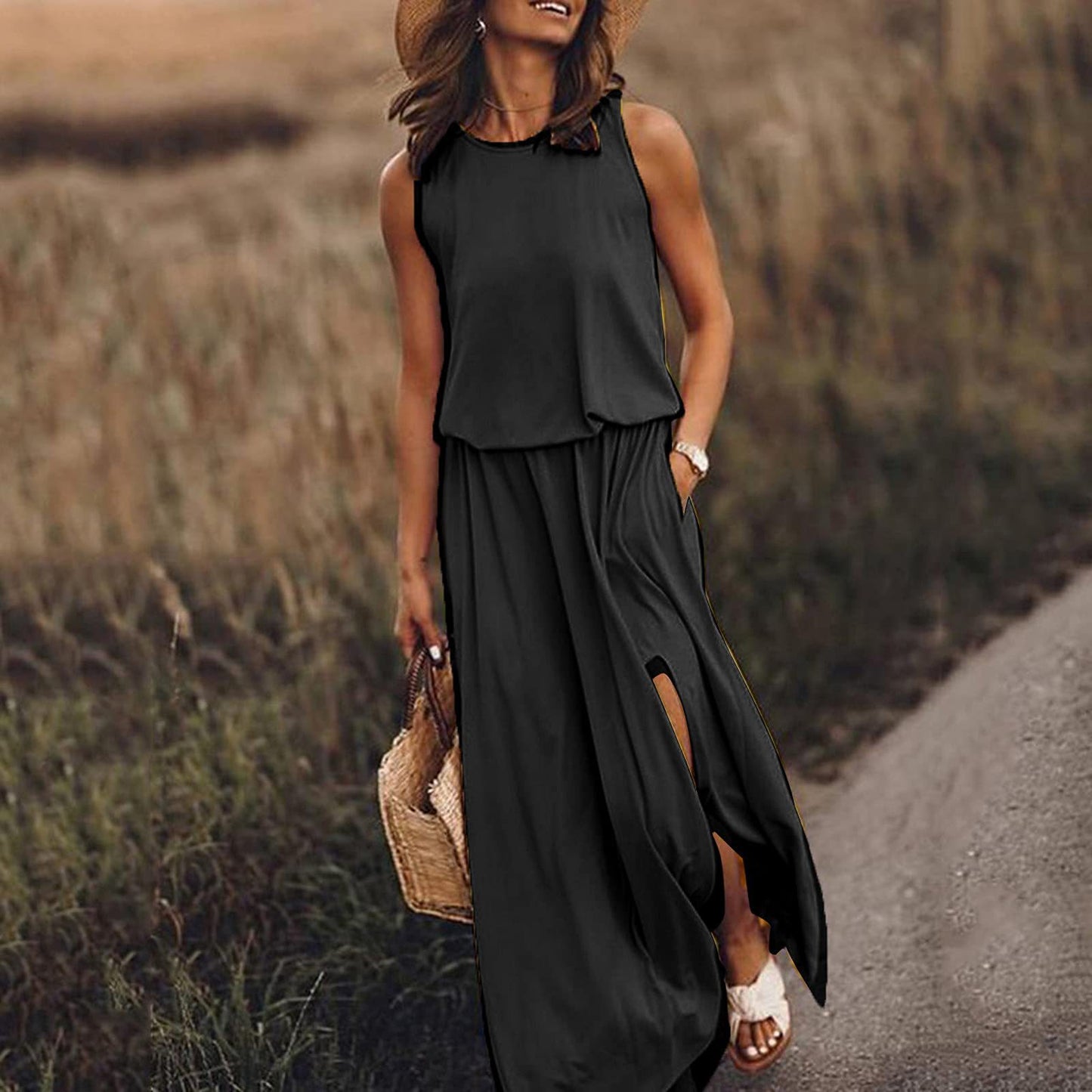 High Waist Split Maxi Long Dress with Pockets