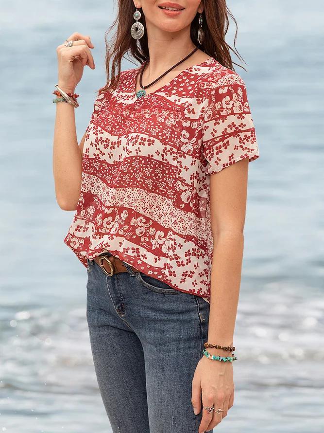 Chic Print V-Neck Short Sleeve Top