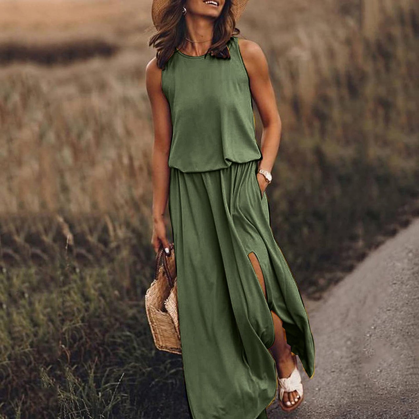 High Waist Split Maxi Long Dress with Pockets