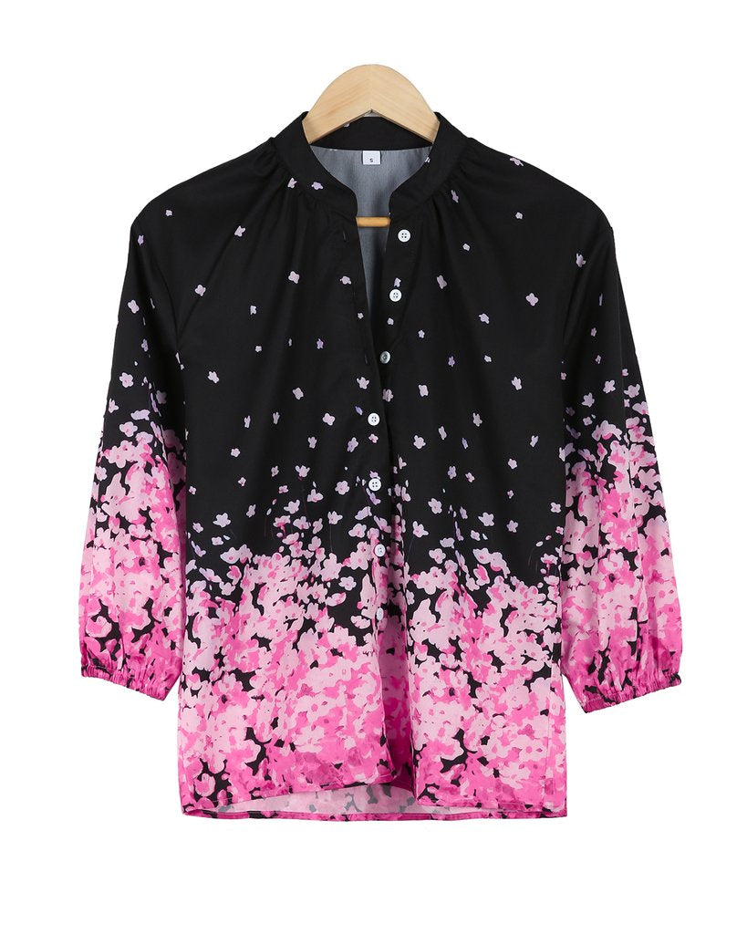 Elegant Floral Print 3/4 Sleeve Black Shirt