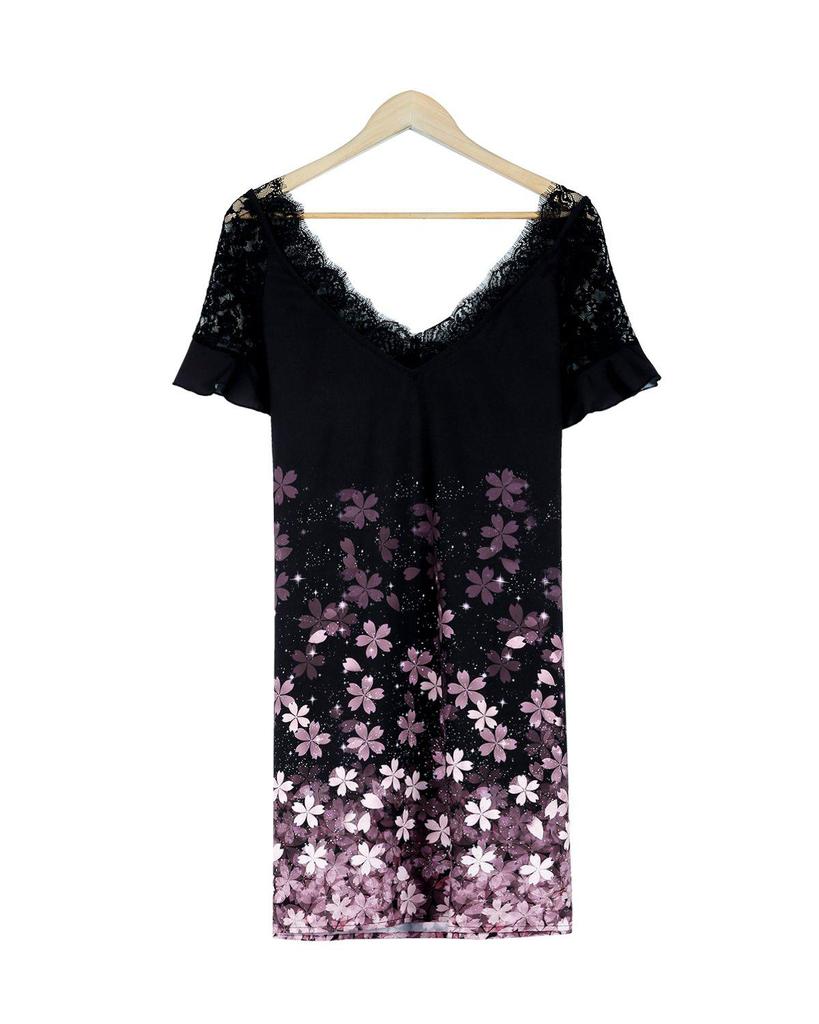 Elegant Printed Lace Short Sleeve Mini Dress
