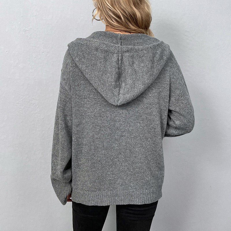 Women's Solid Color Hooded Drawstring Knit Cardigan Sweater