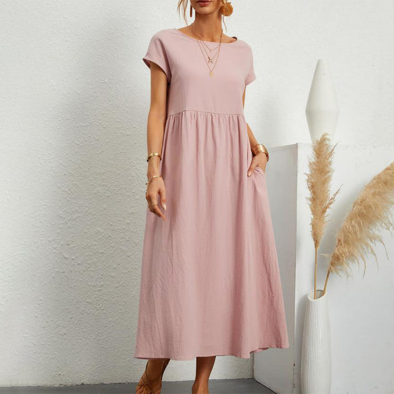 Women‘s Long Dress Solid Color Round Neck Tie Pockets
