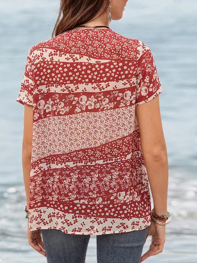 Chic Print V-Neck Short Sleeve Top